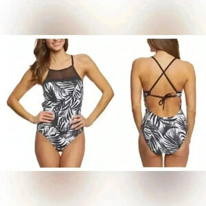 LAUREN RALPH LAUREN Palm Print One Piece Swimsuit black white high neck size 12